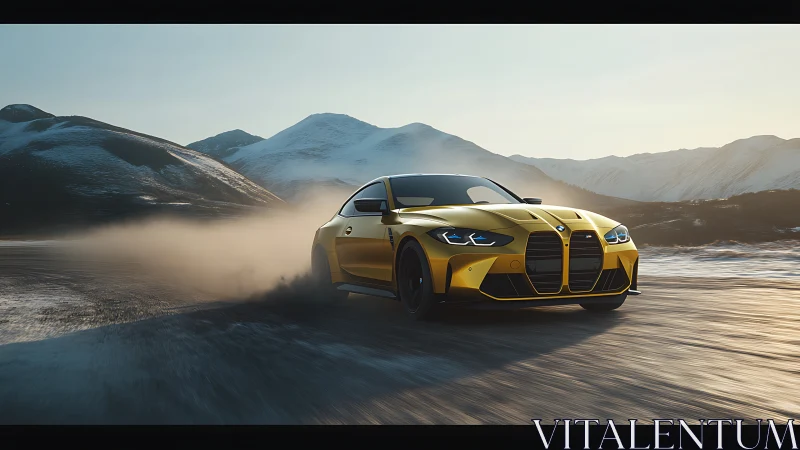 Golden sports coupe powers through dusk on icy mountain road