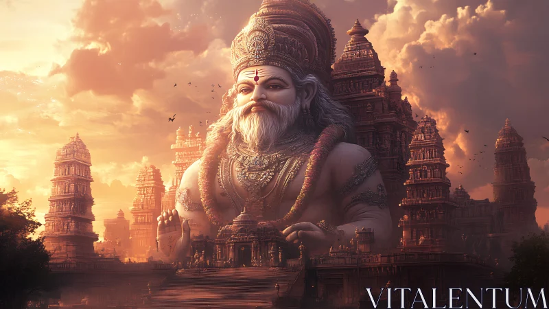 Colossal divine statue guards ancient temple city at dusk