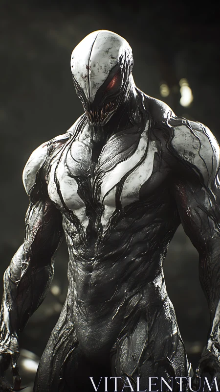 Monstrous black and white alien creature in dark setting.