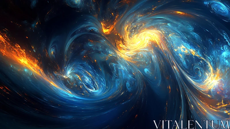 Cosmic vortex energy streams in swirling blue and gold field.