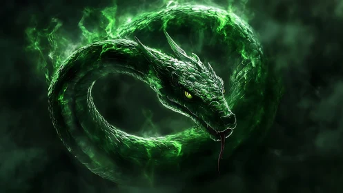 Emerald serpent coils in glowing smoke and meets your gaze