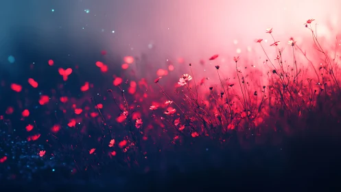 Dreamlit crimson wildflowers glow against a twilight haze