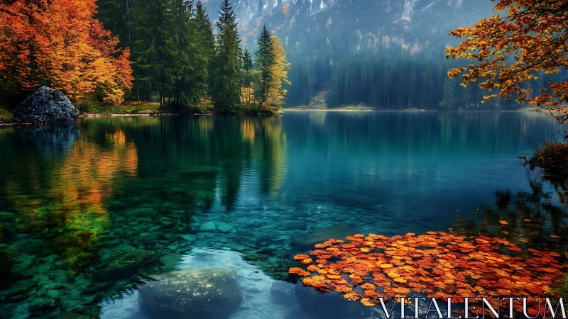 Mountain lake with autumn foliage and clear reflective water.