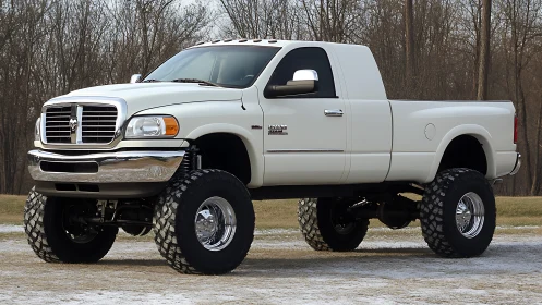 Lifted white pickup truck stands tall on rugged off-road tires.