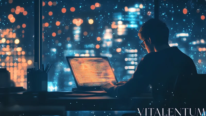 Night coder at glowing laptop in a dreamy city loft.