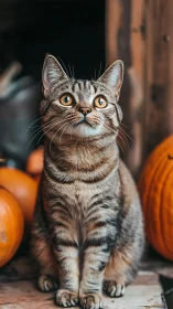 Tabby Cat with Golden Eyes Among Pumpkins