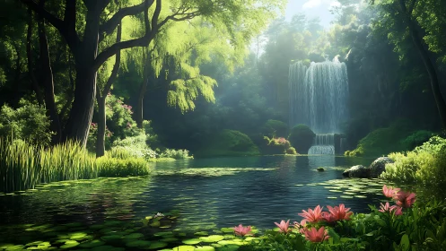 Sunlit forest waterfall descends into tranquil lily pond