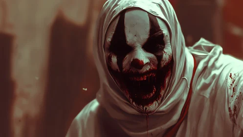 Grotesque bloodstained clown in hooded white costume