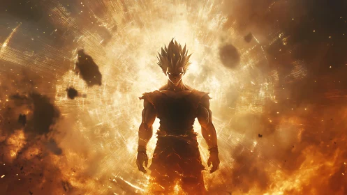 Anime energy warrior in radiant explosive backlit silhouette.