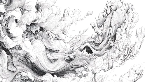 Flowing black ink wave lines form dense abstract cloud mass.