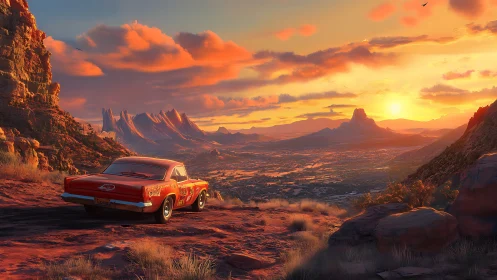 Red classic car overlooks structured desert valley sunset