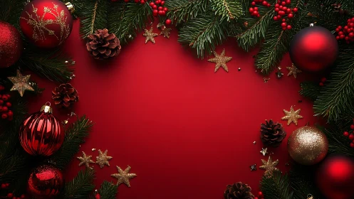 Red Christmas background frames festive ornaments symmetrically