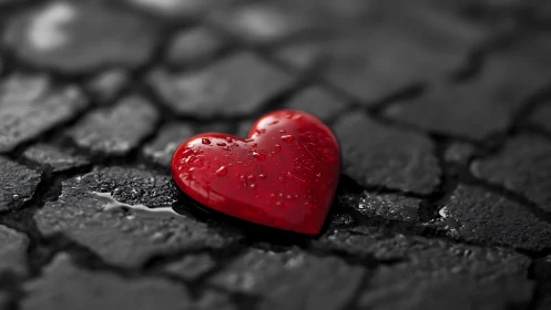 Red heart-shaped object rests on cracked dark surface texture.