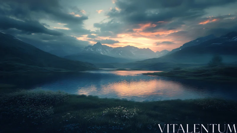 Mountain lake reflects dusk sky over distant ridge line