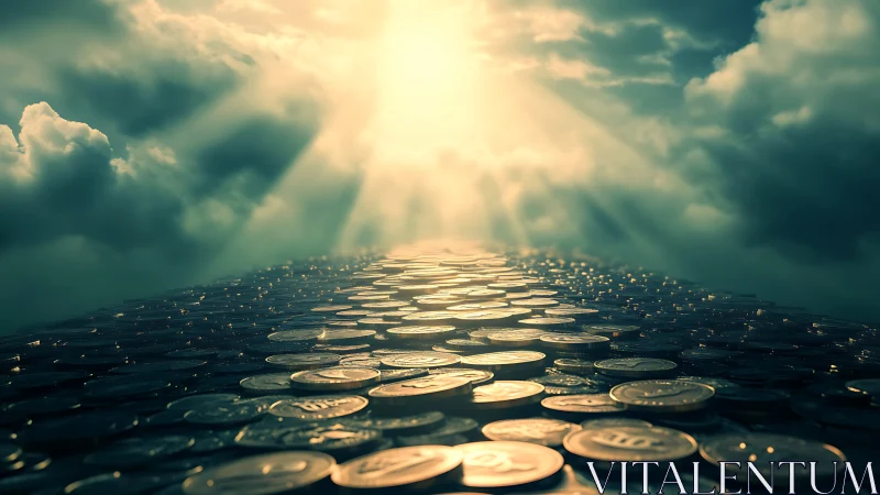Coins form reflective pathway under dramatic sun rays
