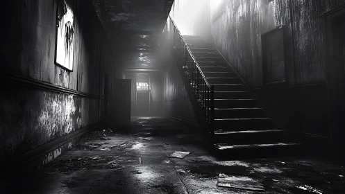 Abandoned stairwell catches eerie light in decayed corridor