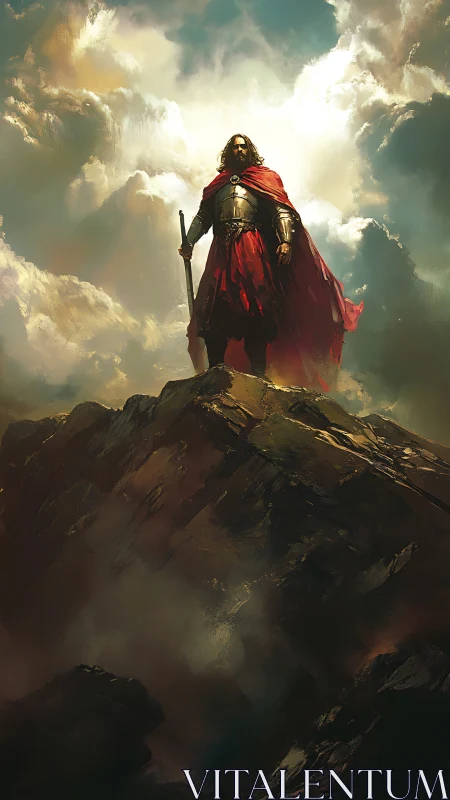 Armored warrior stands on stormlit mountain summit