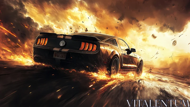 Muscle car accelerates through fiery, smoke-filled roadway