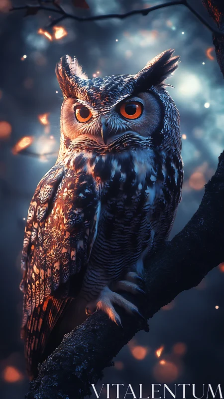 Ember eyed forest owl guarding the hush of midnight branches.