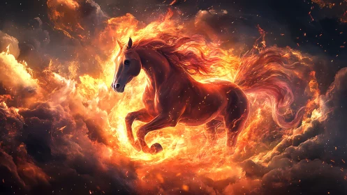 Fiery sky stallion racing through clouds of living flame.