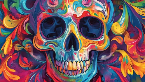 Chromatic skull portrait in swirling abstract digital painting.