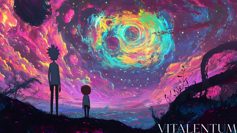 Two travelers watch a swirling neon cosmos ignite the night sky