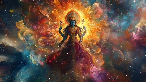 Cosmic goddess rising in swirling nebula light and color.