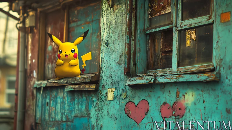 Cartoon electric creature on rustic teal window ledge.