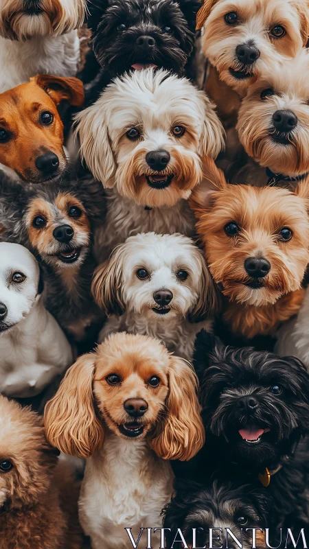 Multi-breed canine portrait array with shallow depth precision.