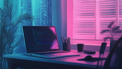 Neon-lit developer workspace merges cyberpunk tones and clean UX design