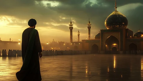 Golden-hour courtyard stroll beside a glowing mosque.