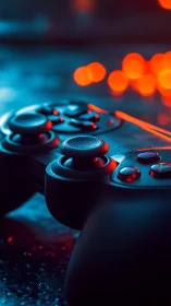 Game Controller Close-Up Illuminated with Orange and Blue Lighting