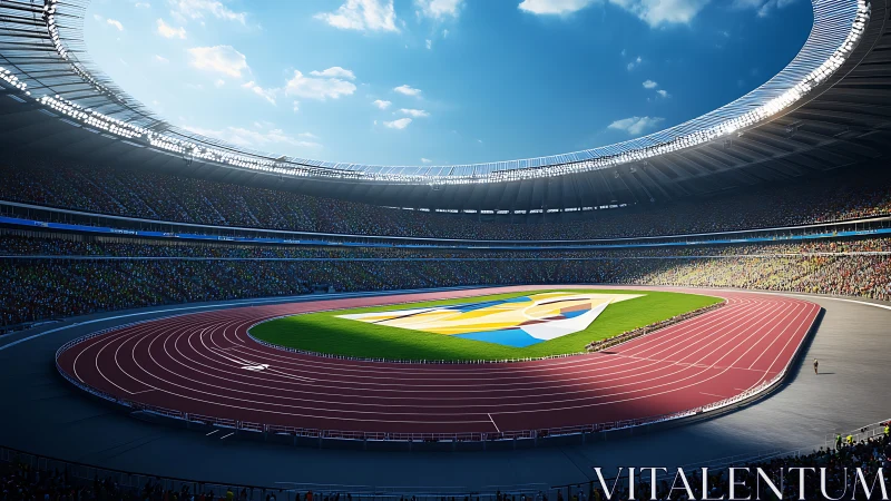 Modern Olympic stadium under bright midday sky panorama.