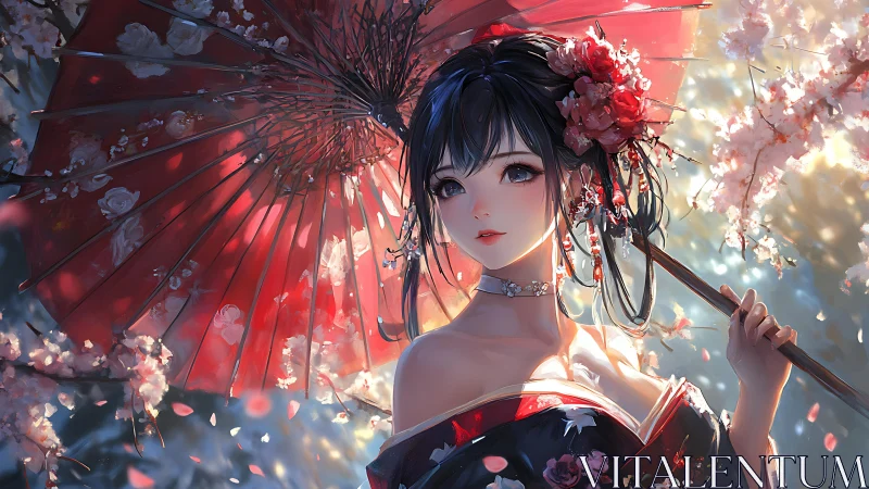 Backlit kimono portrait with floral parasol and bokeh scattering