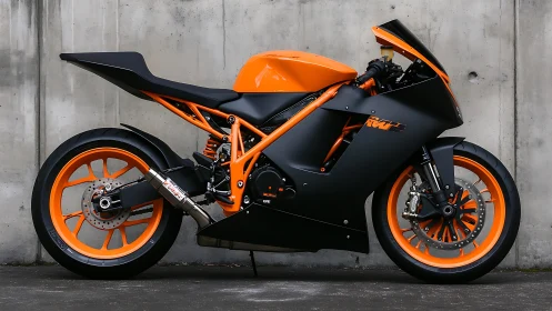 Electric orange street racer against raw concrete wall.