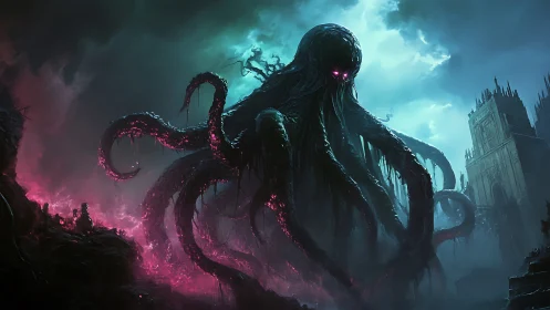 Eldritch leviathan towers over ruined cathedral cityscape.