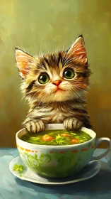 Whimsical Tabby Kitten Perched Over Vegetable Broth Bowl