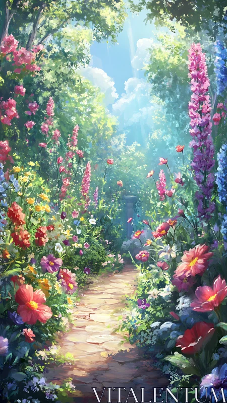 Stone path through dense flower garden under daylight.