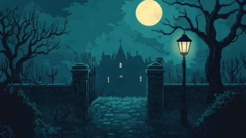 Moonlit path leading to distant mansion beyond stone gate.