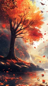 Autumn tree by riverbank with falling leaves and birds.