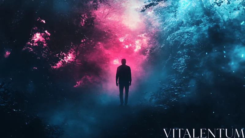 Silhouette in color fog within dense forest corridor.