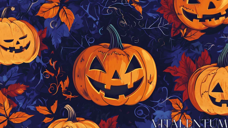 Jack o lantern pattern with vivid orange pumpkins on navy.