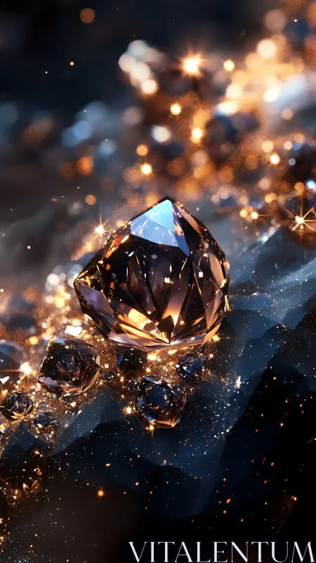 Radiant amber crystal cluster on shimmering dark ore surface.