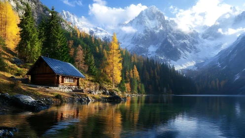 Lakeside log cabin rests in vivid autumn mountainscape