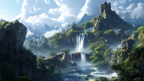 Mystic mountain waterfalls cascade through a sunlit fantasy valley