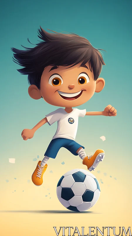 Stylized 3D child soccer player mid-jump with dynamic lighting