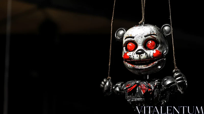 Grinning metal bear marionette haunts a midnight void.