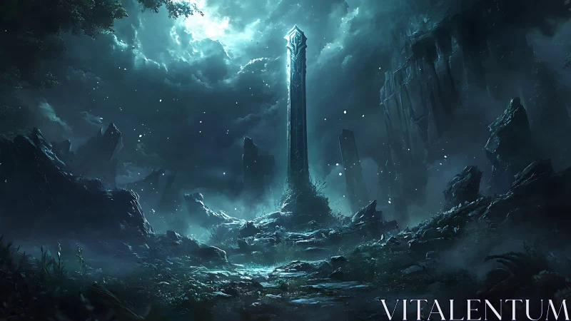 Moonlit crystal tower rises gently above a misty ruin