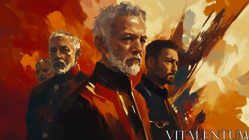 Senior officers stand before turbulent abstract backdrop