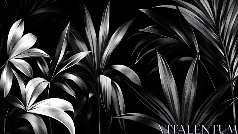 Monochrome tropical leaves form sharp high-contrast pattern